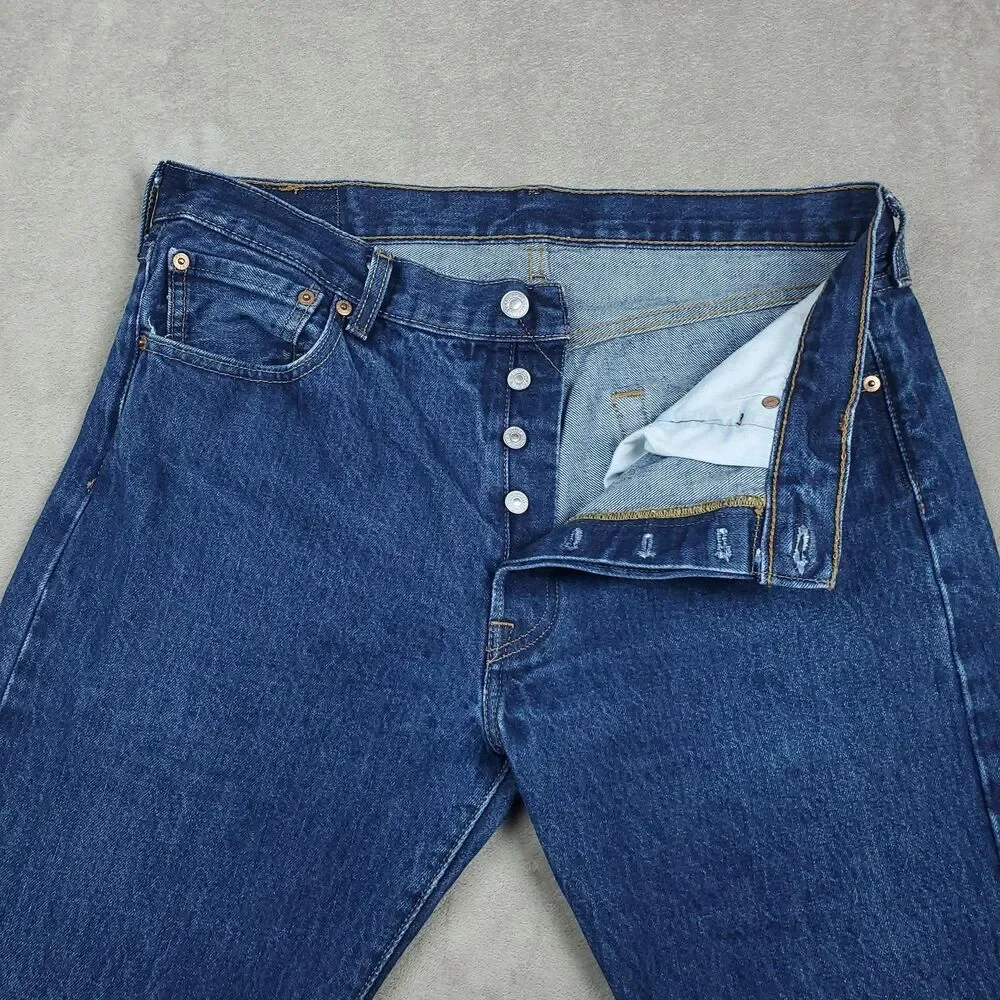 Levis 501 Jeans Mens 35x32 Blue Medium Wash Straight Button Fly Denim Waterless